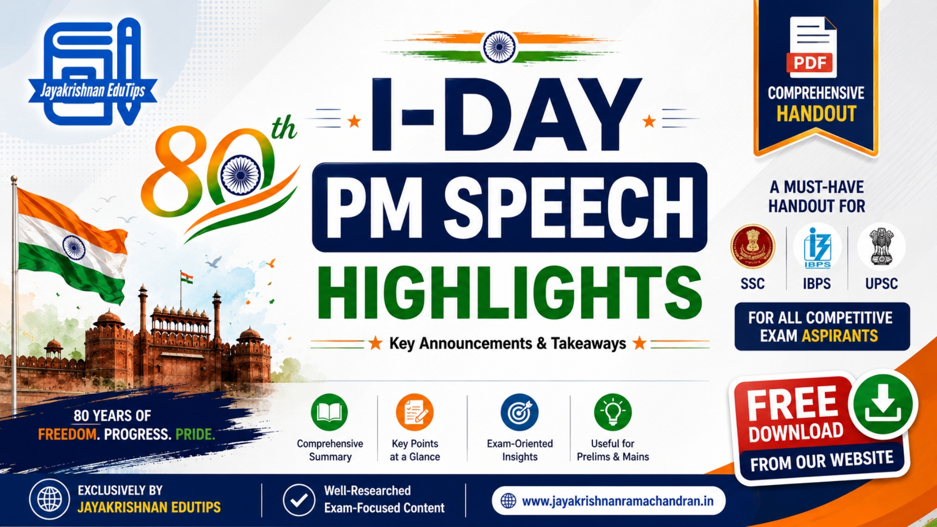 80th I-Day PM Speech Highlights – SSC, IBPS & UPSC Handout Guide