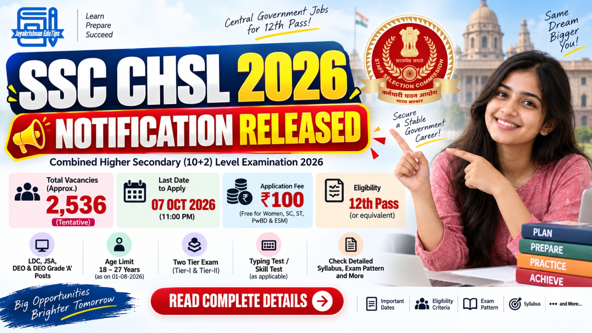SSC CHSL 2026 Notification Released - 2536 Vacancies, Eligibility, Exam Pattern, Syllabus, Fee and Complete Details